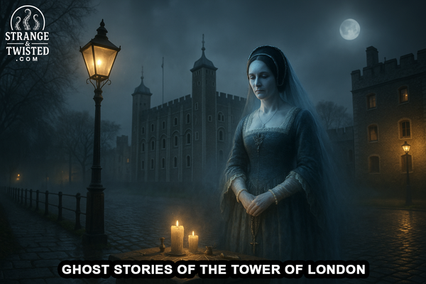 The ghost of Anne Boleyn stands in front of the Tower of London under moonlight, illuminated softly by lanterns and candles. By Strange & Twisted