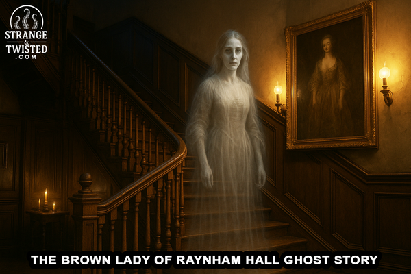The ghostly Brown Lady of Raynham Hall glides down a dimly lit wooden staircase, her translucent figure illuminated by warm lantern light. By Strange & Twisted