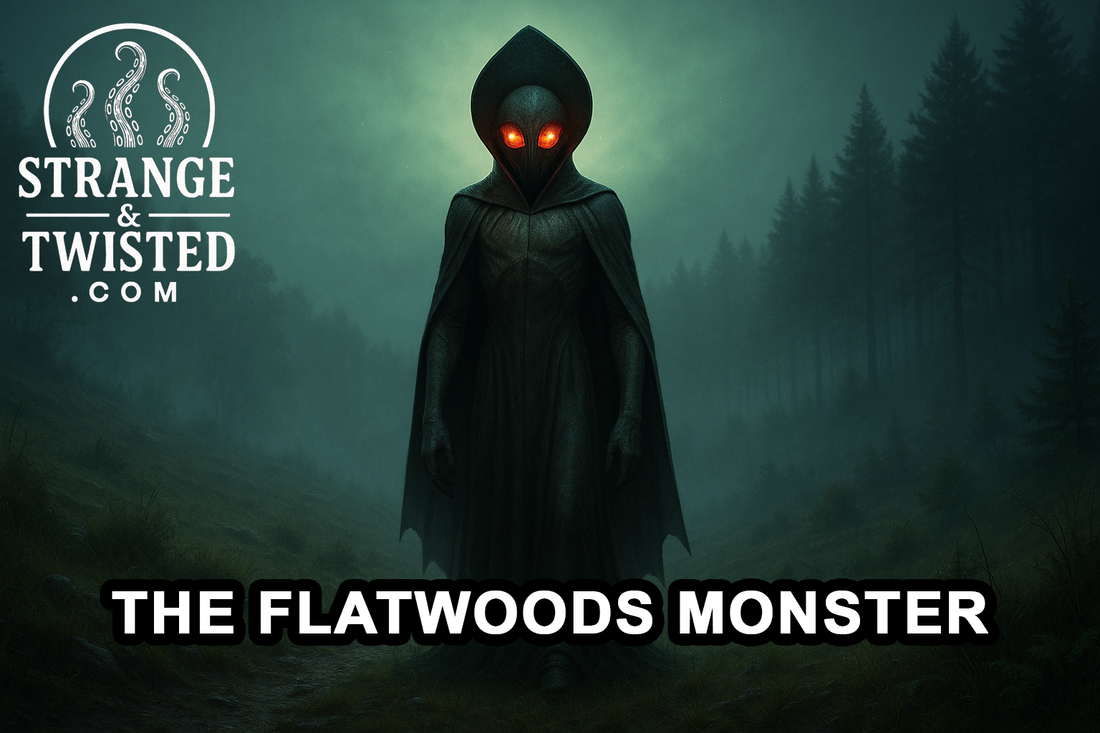 Ultra HD photorealistic image of the Flatwoods Monster standing in a misty West Virginia clearing at dusk, with glowing red eyes, a metallic cloak, and eerie green light illuminating the fog and pine forest. By Strange & Twisted
