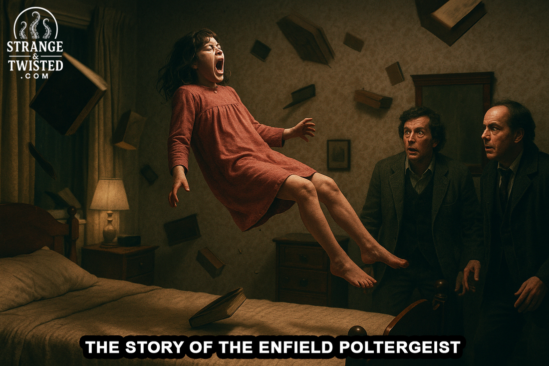 A young girl levitates above her bed screaming as investigators watch in shock, with books and objects flying around the room in a photorealistic scene. By Strange & Twisted