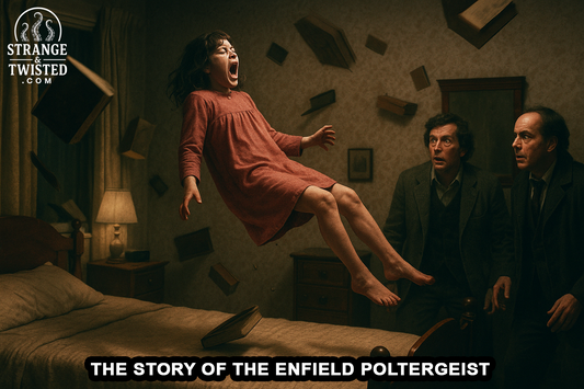 A young girl levitates above her bed screaming as investigators watch in shock, with books and objects flying around the room in a photorealistic scene. By Strange & Twisted