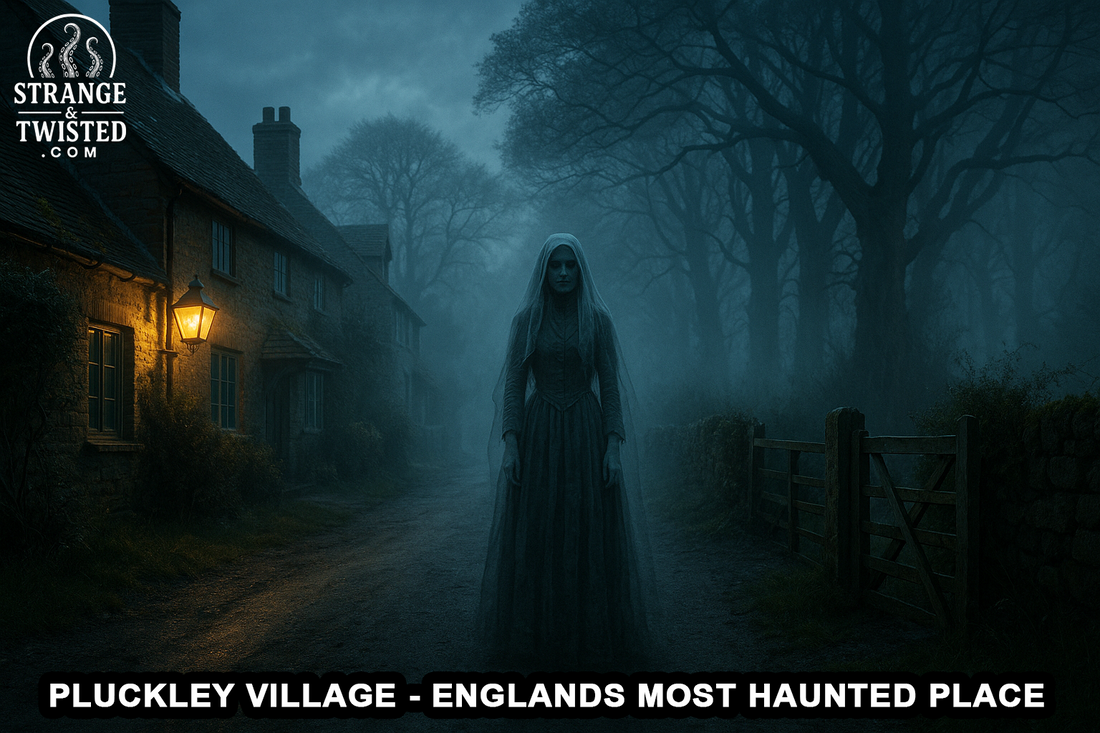 A ghostly Victorian woman stands on a foggy lane in Pluckley Village beside old cottages and lantern light. By Strange & Twisted