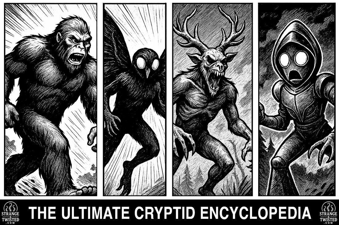 Black and white comic-style artwork featuring Bigfoot, Mothman, the Wendigo, and the Flatwoods Monster, and “The Ultimate Cryptid Encyclopedia” title beneath, branded with Strange & Twisted logos on each side.