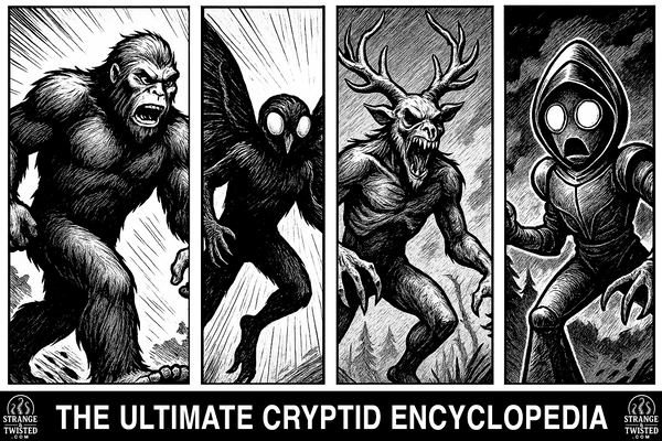 Black and white comic-style artwork featuring Bigfoot, Mothman, the Wendigo, and the Flatwoods Monster, and “The Ultimate Cryptid Encyclopedia” title beneath, branded with Strange & Twisted logos on each side.