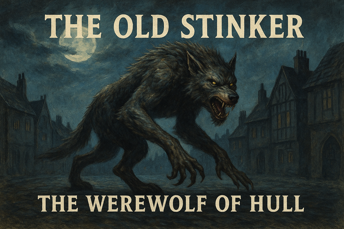 Illustration of Old Stinker, the Werewolf of Hull, prowling the dark streets of Yorkshire under a full moon