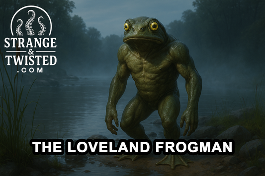 Ultra HD photorealistic image of the Loveland Frogman standing beside a misty Ohio riverbank, with glistening green-brown amphibian skin, glowing yellow eyes, and webbed limbs illuminated by moonlight reflecting off the water. By Strange & Twisted