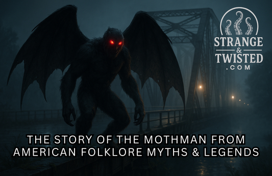 Ultra HD photorealistic image of Mothman perched on a foggy bridge at night in Point Pleasant, West Virginia, with glowing red eyes, large dark wings, and mist rising above the river under dim streetlights. By Strange & Twisted