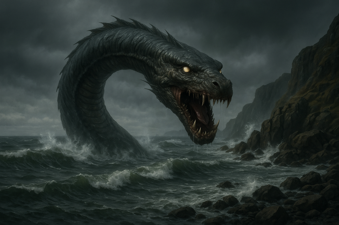 Realistic digital painting of the Stoor Worm, a colossal sea serpent from Scottish folklore, emerging from stormy coastal waters with glowing eyes and jagged teeth as waves crash against rocky cliffs under dark, turbulent skies.
