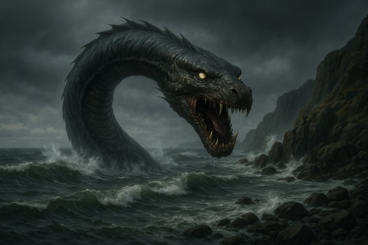 Realistic digital painting of the Stoor Worm, a colossal sea serpent from Scottish folklore, emerging from stormy coastal waters with glowing eyes and jagged teeth as waves crash against rocky cliffs under dark, turbulent skies.