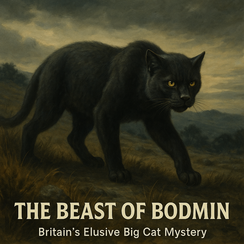 Realistic illustration of the Beast of Bodmin, a black panther-like cryptid with glowing yellow eyes prowling across the misty moorland of Cornwall under a dramatic cloudy sky.