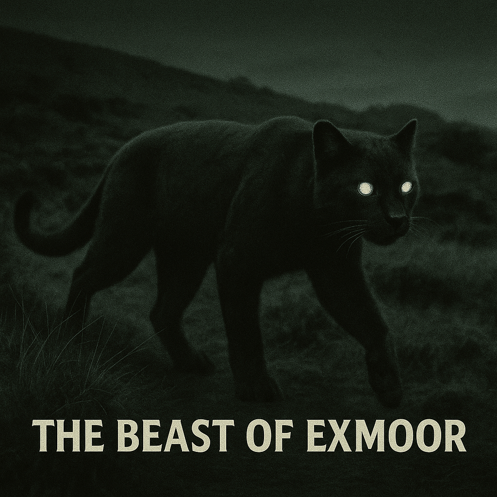 Night vision trail cam illustration of the Beast of Exmoor, a large black panther-like cryptid with glowing eyes prowling the moorland under a dark, grainy sky.