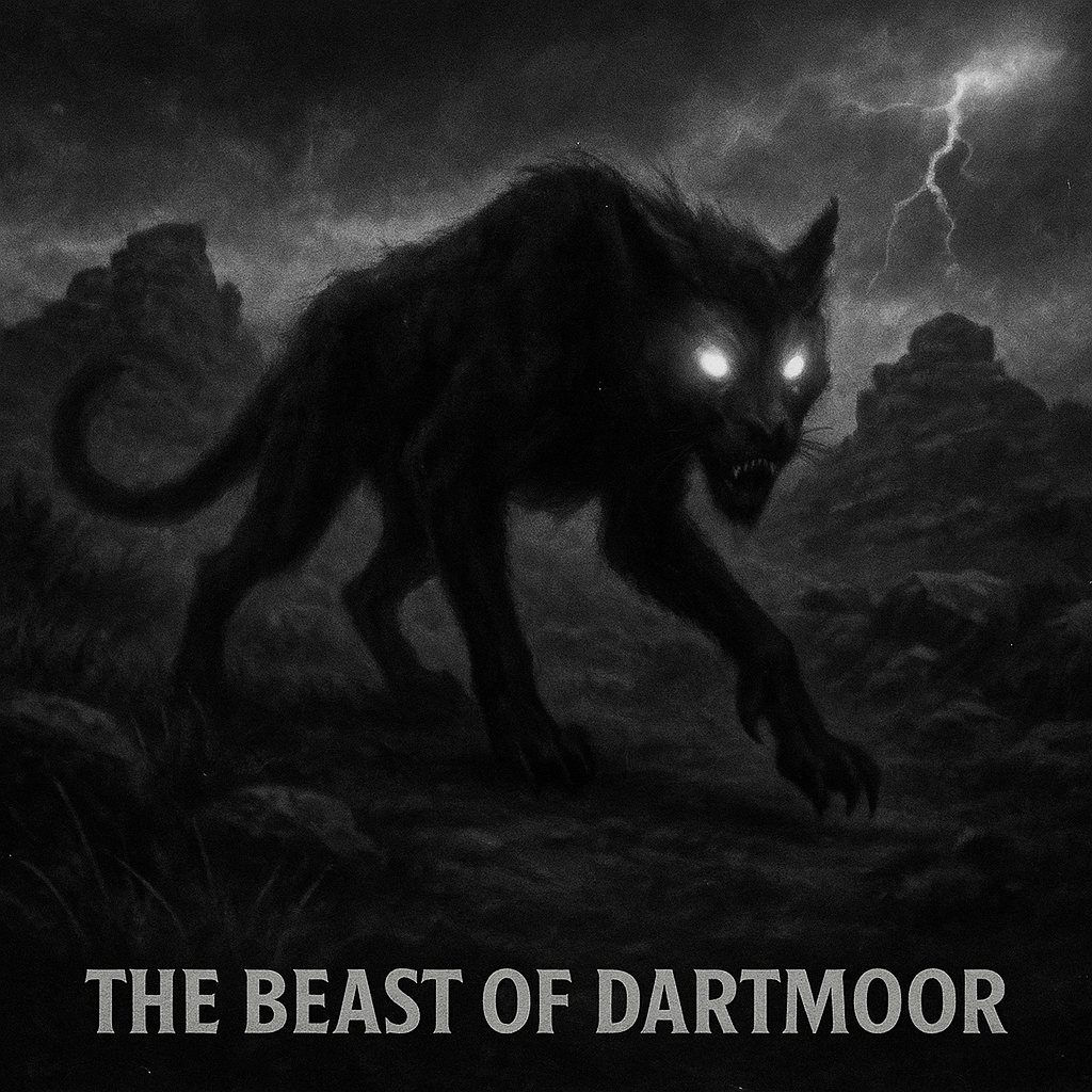 Creepy image of the Beast of Dartmoor, a monstrous black cryptid with glowing eyes and sharp claws prowling misty moorland beneath storm clouds and lightning.