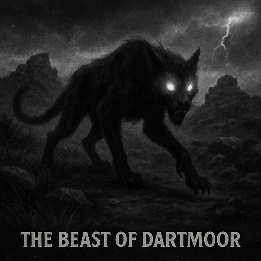 Creepy image of the Beast of Dartmoor, a monstrous black cryptid with glowing eyes and sharp claws prowling misty moorland beneath storm clouds and lightning.