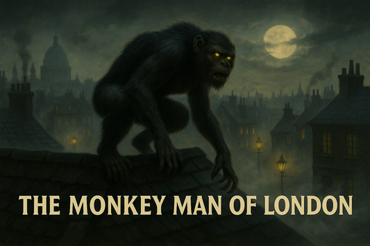 Landscape illustration of the Monkey Man of London, a menacing half-human, half-ape cryptid with glowing yellow eyes crouched on a Victorian rooftop, overlooking fog-shrouded streets lit by gas lamps under a full moon.
