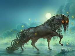 Scottish Kelpie water horse, mythical shape-shifting spirit emerging from a dark loch
