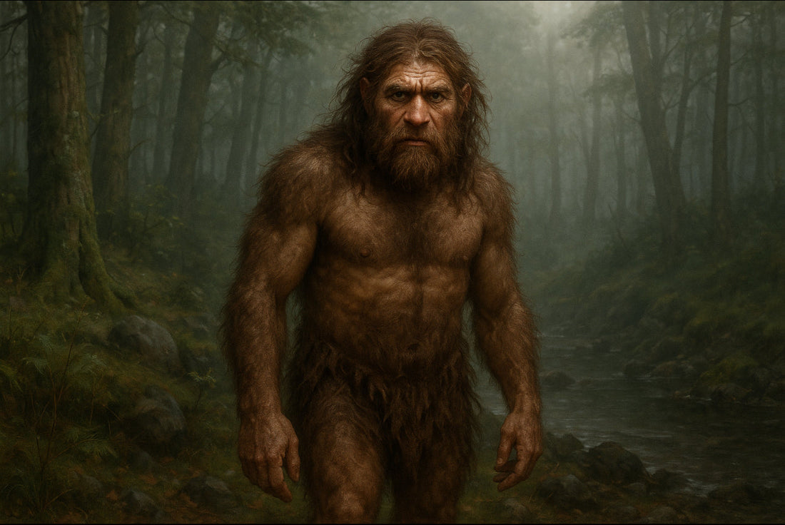 Hyper-realistic digital painting of the Scottish Wildman, a hairy humanoid cryptid, standing in a misty Highland forest. His muscular body is covered in thick brown hair, and his intense gaze cuts through the fog as a stream winds behind him.