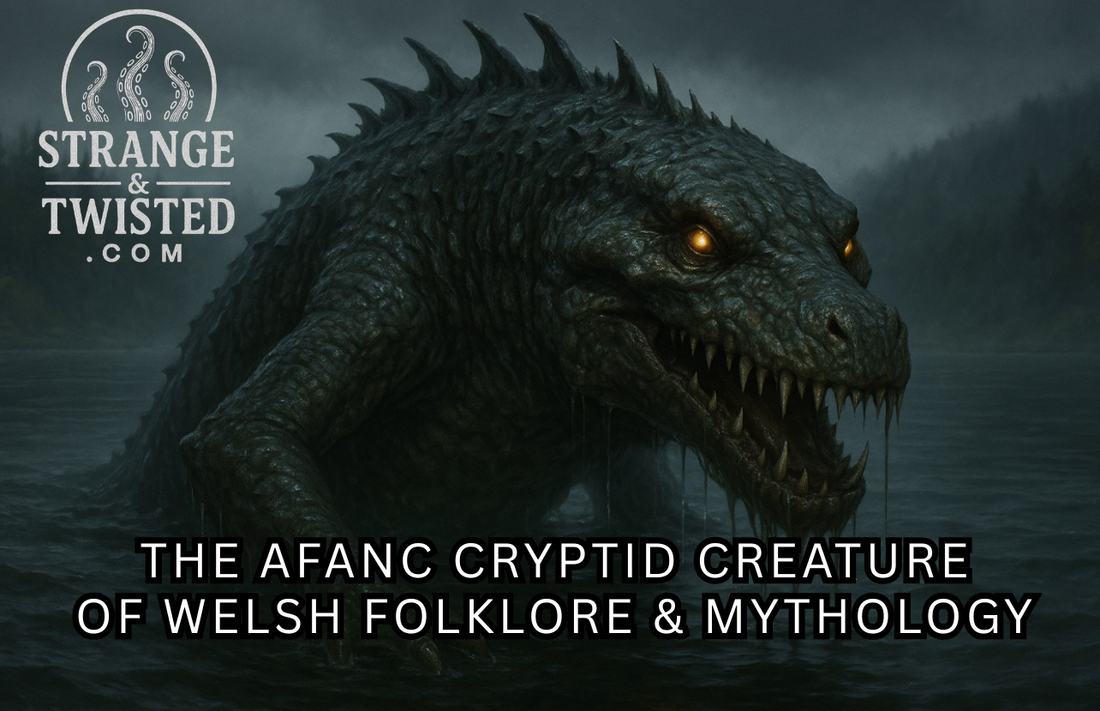 Hyper-realistic digital painting of the Afanc, a colossal crocodile-like monster from Welsh folklore, leaping from stormy lake waters with its jaws wide open. Lightning flashes behind dark clouds as waves crash around its massive, scaled body.