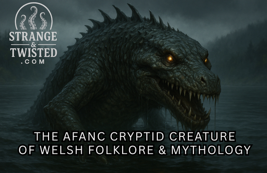 Hyper-realistic digital painting of the Afanc, a colossal crocodile-like monster from Welsh folklore, leaping from stormy lake waters with its jaws wide open. Lightning flashes behind dark clouds as waves crash around its massive, scaled body.