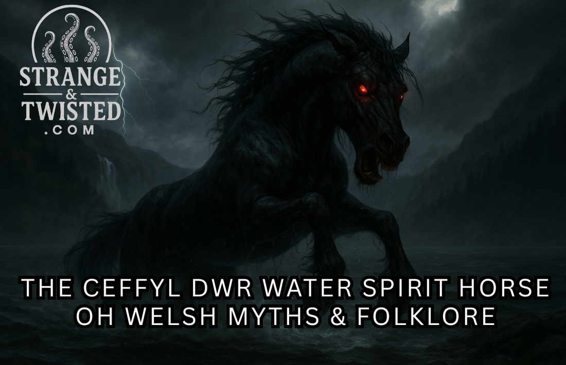 Hyper-realistic digital painting of the Ceffyl Dŵr, a demonic black water horse from Welsh folklore, rearing from a stormy lake with glowing red eyes and a wild mane. Lightning illuminates the misty mountains and crashing waves around it.