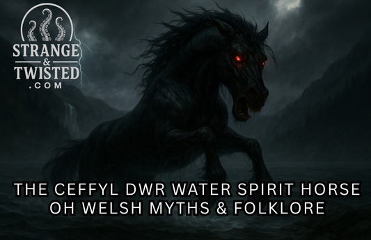 Hyper-realistic digital painting of the Ceffyl Dŵr, a demonic black water horse from Welsh folklore, rearing from a stormy lake with glowing red eyes and a wild mane. Lightning illuminates the misty mountains and crashing waves around it.