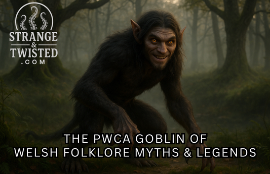 Ultra HD photorealistic image of a Pwca goblin crouching in a misty Welsh forest clearing at twilight, with glowing amber eyes, pointed ears, dark fur, and soft golden sunlight filtering through mossy trees and ferns. By Strange & Twisted