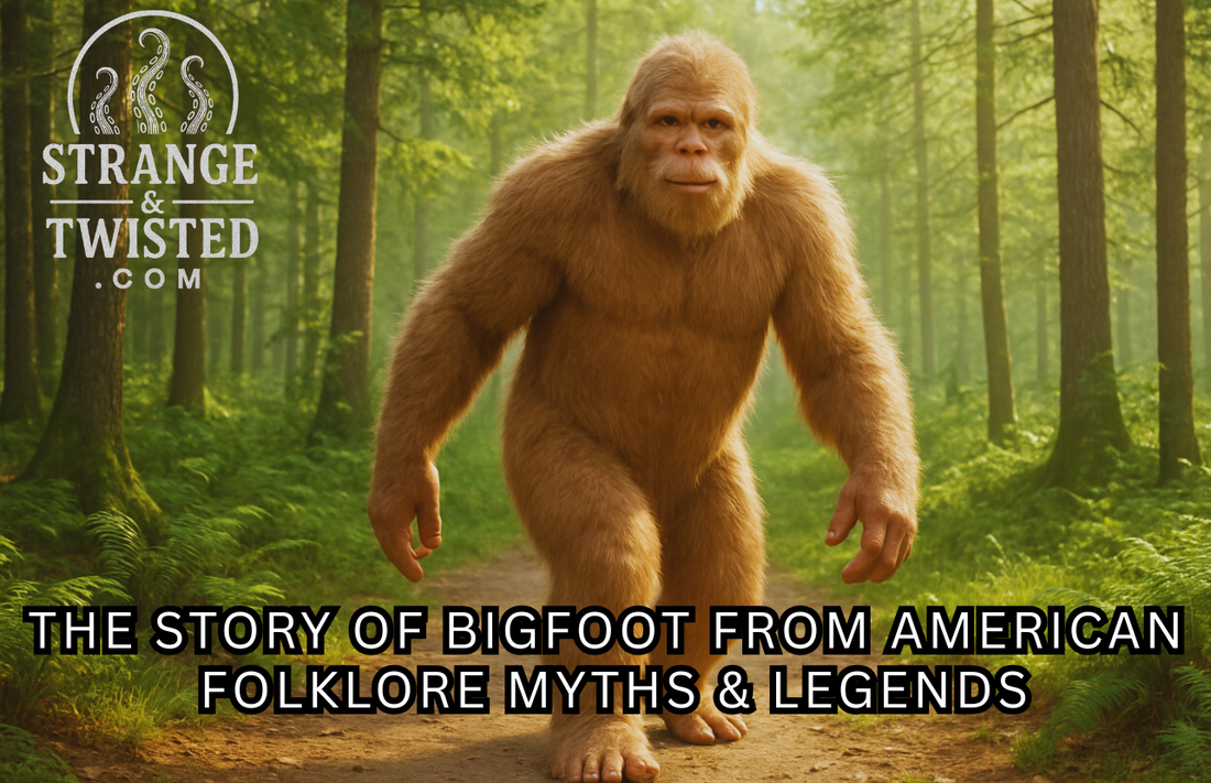 Ultra HD photorealistic image of Bigfoot walking through a sunlit forest, covered in light brown fur with a human-like face, surrounded by ferns, moss, and warm golden light filtering through the trees. by Strange & Twisted