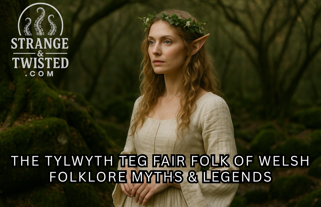 Photorealistic image of a Tylwyth Teg fairy woman standing in a misty Welsh forest, wearing a pale gown and leaf crown, surrounded by mossy trees and soft golden light.