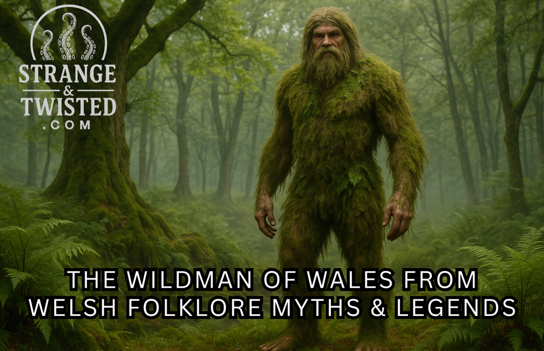 Ultra HD photorealistic image of the Wildman of Wales standing in a misty Welsh forest clearing, covered in moss and ferns, surrounded by sunlight filtering through ancient trees and lush green undergrowth. By Strange & Twisted