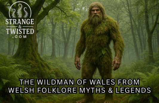 Ultra HD photorealistic image of the Wildman of Wales standing in a misty Welsh forest clearing, covered in moss and ferns, surrounded by sunlight filtering through ancient trees and lush green undergrowth. By Strange & Twisted