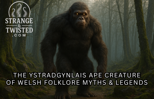 Ultra HD photorealistic image of the Ystradgynlais ape creature, a large muscular cryptid with dark fur and glowing amber eyes standing in a misty, sunlit Welsh forest surrounded by moss-covered trees and rocks. By Strange & Twisted