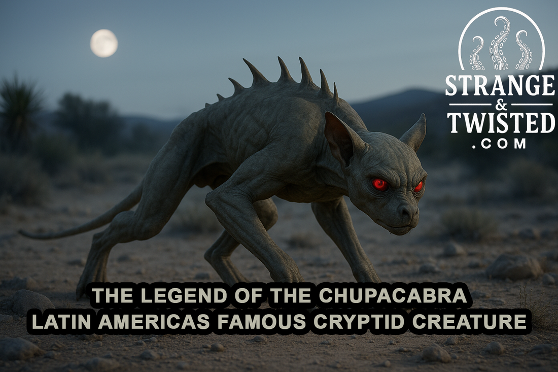Ultra HD photorealistic image of the Chupacabra prowling through a bright moonlit desert, with gray-green leathery skin, glowing red eyes, and spines along its back, surrounded by dry rocks, cracked earth, and cool blue-toned light. By Strange & Twisted 