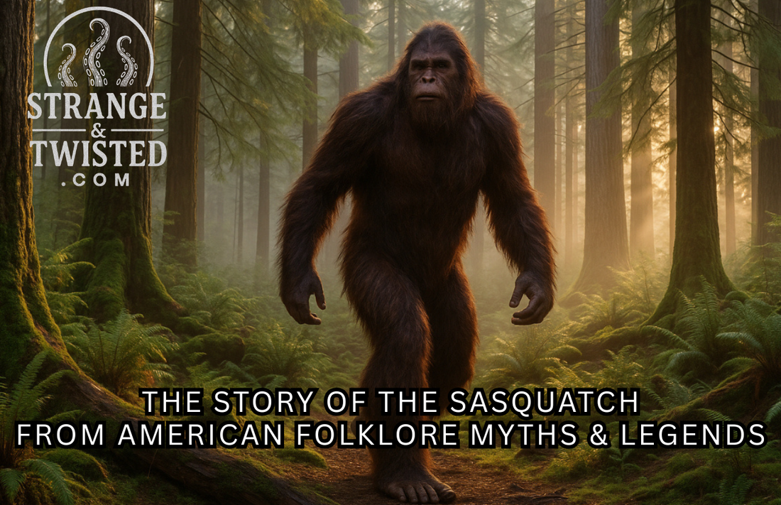 Ultra HD photorealistic image of the Sasquatch walking through a misty North American forest at dawn, covered in dark brown fur with reddish highlights, surrounded by moss, ferns, and sunlight filtering through tall pine trees. By Strange & Twisted