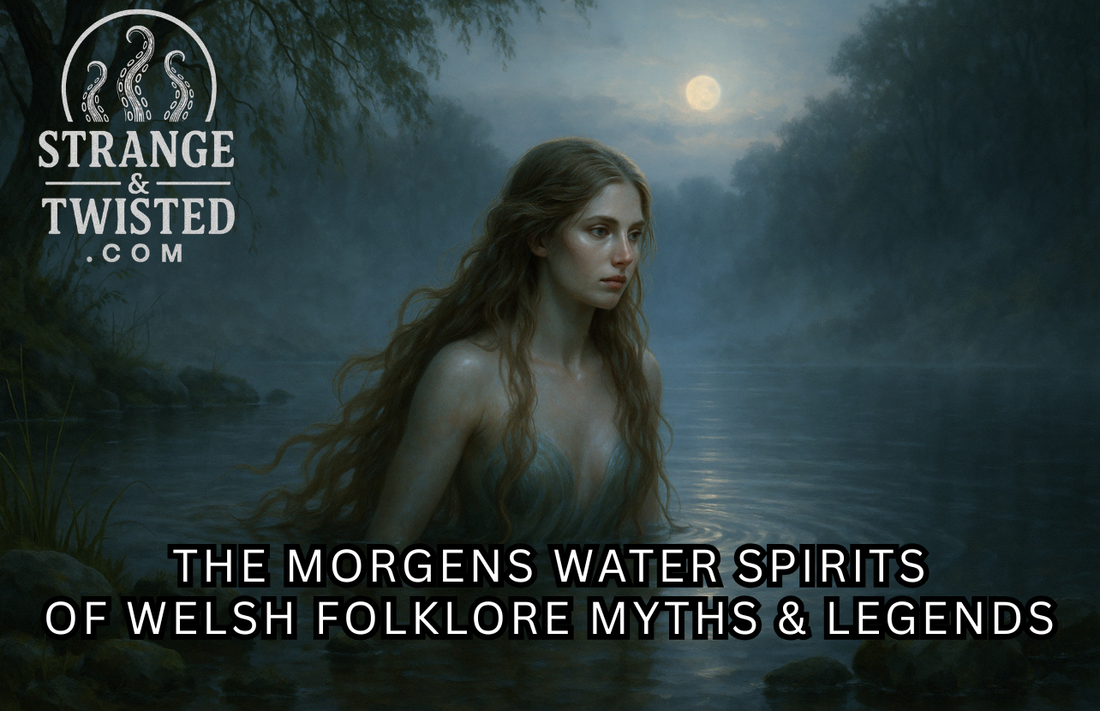 Photorealistic image of a Morgen water spirit emerging from a misty Welsh river at dusk, with long flowing hair, glowing moonlight on the water, and a serene, mystical atmosphere surrounded by trees and stones. By Strange & Twisted