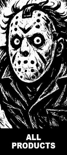 Black and white illustration of a masked slasher character with wild hair and intense eyes, representing the Strange & Twisted All Products Collection of horror, gothic, and darkly humorous t-shirts