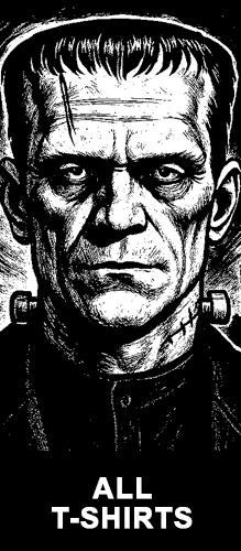 Black and white Frankenstein artwork with an outstretched hand, displayed above the text “All T-Shirts” for the Strange & Twisted apparel collection.
