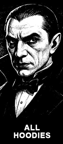 Black and white vampire illustration baring fangs above the text “All Hoodies” for the Strange & Twisted hoodie collection.