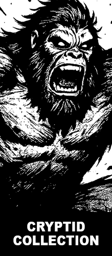 Black and white illustration of a roaring Bigfoot or Sasquatch creature with glowing eyes, representing the Strange & Twisted Cryptid Collection of horror and monster-themed t-shirts
