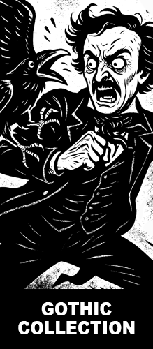 Black and white illustration of a distressed Edgar Allan Poe holding a raven, styled in a gothic horror aesthetic, representing the Strange & Twisted Gothic Collection of dark and macabre t-shirts