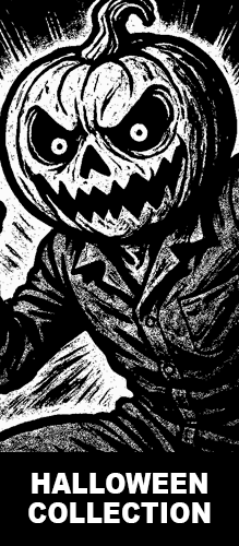 Black and white illustration of a sinister pumpkin-headed figure in a suit with a crazed expression, representing the Strange & Twisted Halloween Collection of spooky, horror-themed t-shirts