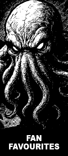 Black and white illustration of a monstrous tentacled creature resembling Cthulhu with glowing eyes, representing the Strange & Twisted Fan Favourites Collection of best-selling horror and cryptid t-shirts