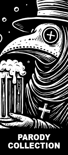 Black and white illustration of a plague doctor holding a frothy mug of beer, representing the Strange & Twisted Parody Collection of darkly humorous and satirical t-shirts