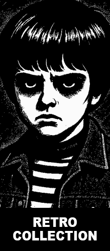 Black and white illustration of a gloomy child with dark eyes wearing a striped shirt and denim jacket, representing the Strange & Twisted Retro Collection of vintage-inspired horror and cult t-shirts