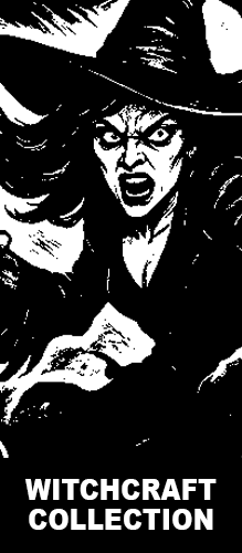 Black and white illustration of a powerful witch with wild hair and a wide-brimmed hat, representing the Strange & Twisted Witchcraft Collection of gothic and occult t-shirts