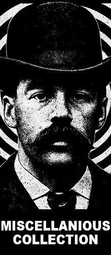 Black and white illustration of a stern Victorian man with a bowler hat and mustache against a hypnotic spiral background, representing the Strange & Twisted Miscellaneous Collection of unusual, eerie, and experimental t-shirts