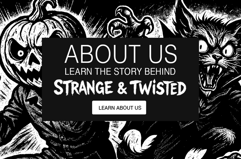 Dark illustrated mobile graphic featuring a creepy pumpkin figure and a snarling bat creature framing a central panel that highlights the Strange and Twisted About Us section with bold text and a Learn About Us call to action.