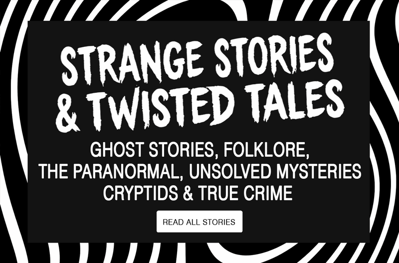 Dark themed horizontal banner with distressed white typography on a black background displaying the title Strange Stories and Twisted Tales, followed by descriptive text highlighting ghost stories, folklore legends, cryptids, paranormal encounters, unsolved mysteries, and true crime narratives. The visual style offers a spooky, atmospheric introduction to a website focused on eerie storytelling, strange history, and twisted real life tales.