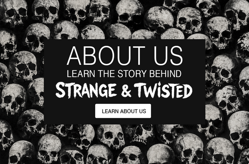 Dark gothic image featuring black and white skulls and the text Strange & Twisted About Us