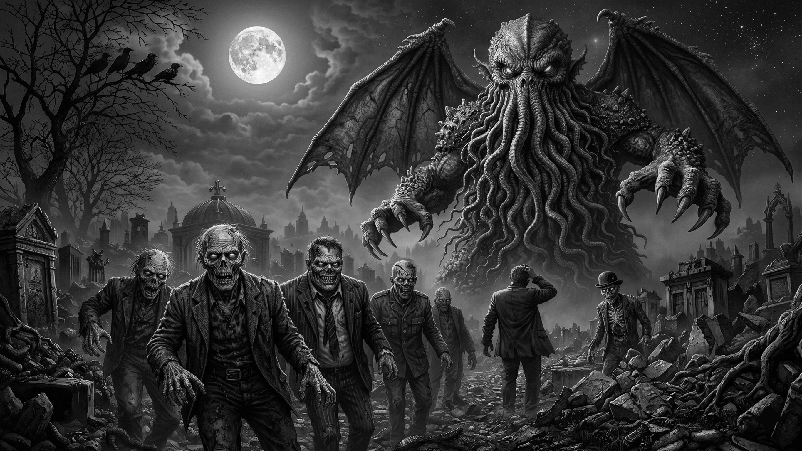 Strange & Twisted hero image featuring Cthulhu and zombies in a graveyard. The Dark Encyclopaedia where strange stories become twisted apparel