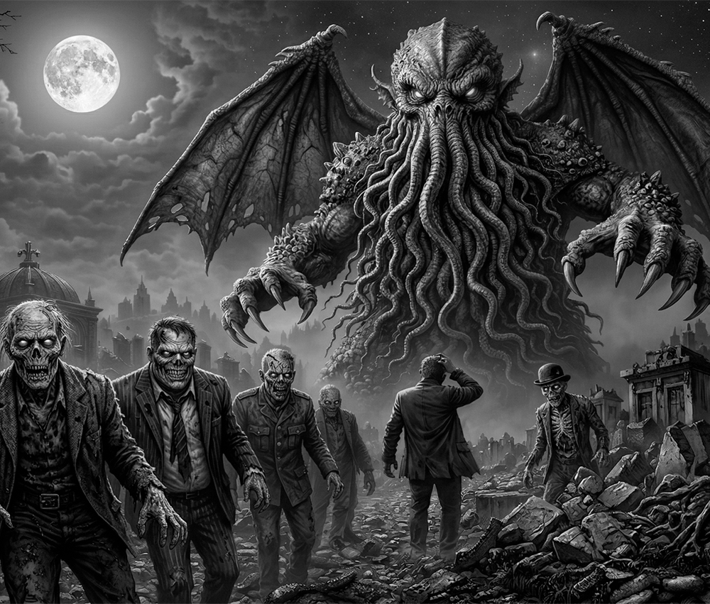Strange & Twisted hero image featuring cthulhu and zombies, horror art style, where strange stories become twisted apparel