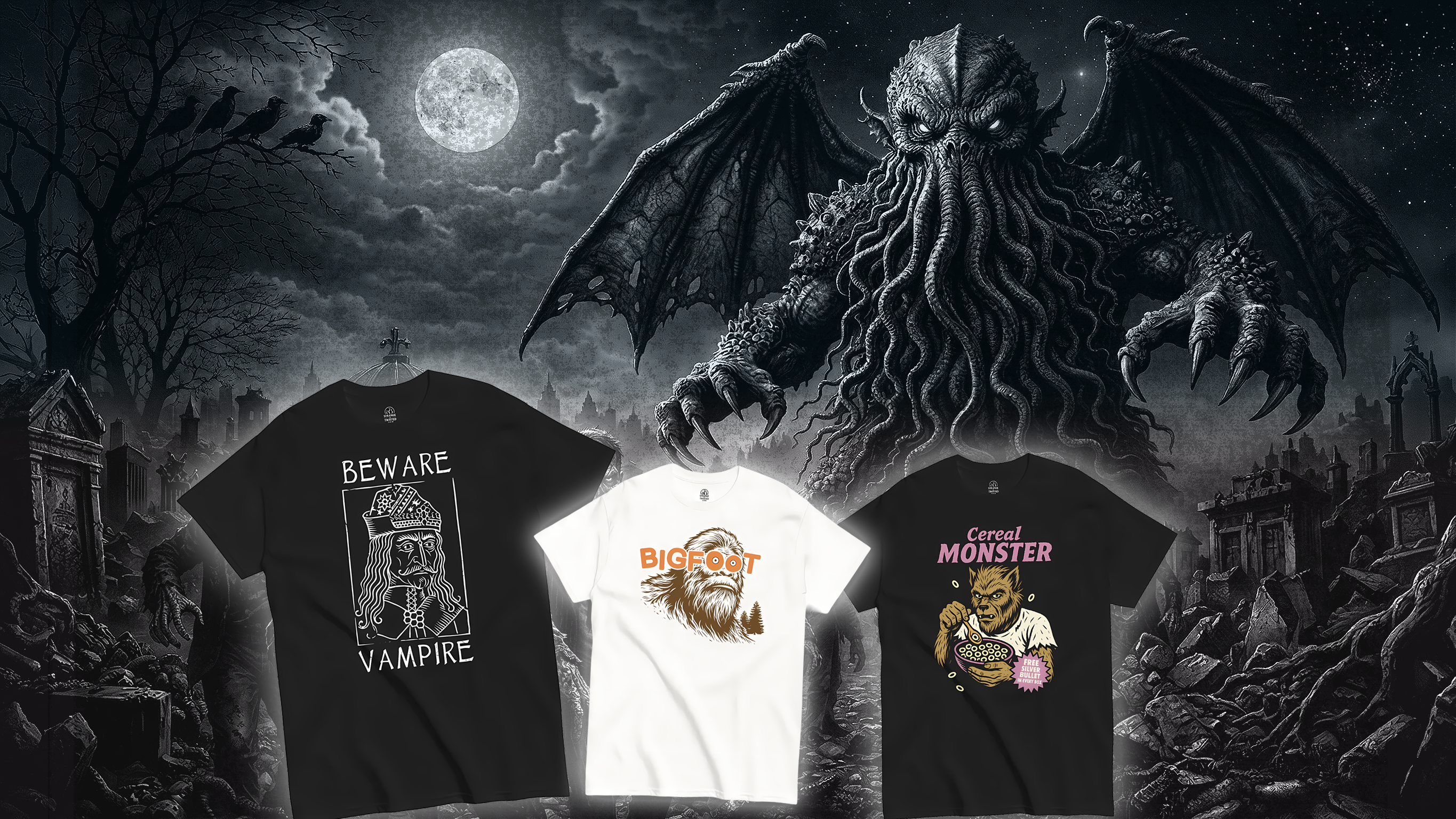 Strange & Twisted hero image featuring Cthulhu and zombies in a graveyard. The Dark Encyclopaedia where strange stories become twisted apparel